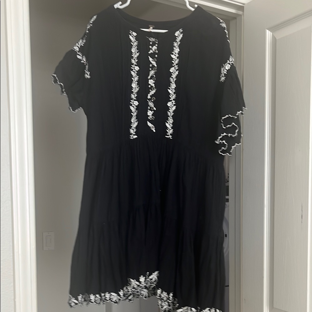 Free People Beautiful Black Dress with White Embroidery